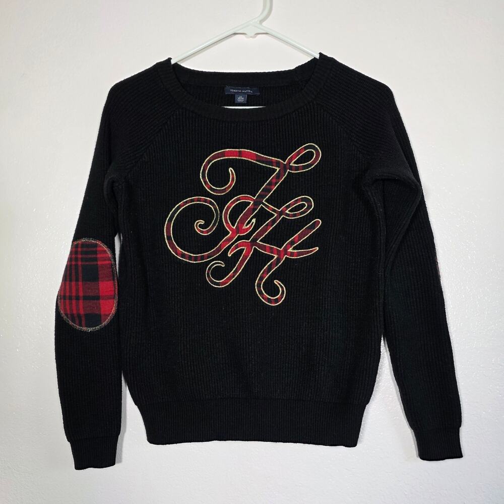 Tommy Hilfiger Black Plaid Monogram Knit Sweater Elbow Patch Womens XS